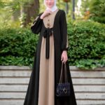 Color Block Long Sleeve Maxi Dress With Tie Front, Elegant Muslim Crew Neck Modest Loose Dress, Women's Clothing - Image 6