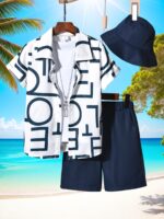 KIKOFENDY Boys' 3pcs Summer Vacation Set - Casual Alphabet Print Shirt, Comfortable Shorts & Stylish Sun Hat with Button Details, Non-Stretch Fabric, Regular Fit for Beach & Outdoor Activitie, for Outdoor - Image 2