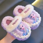 Cozy Princess Cartoon Plush Slippers for Girls - Warm Fleece-Lined, Thick Soft Sole, Winter Indoor Home Shoes with Elsa Design, Pink & Purple, Perfect for Youngsters and Teens