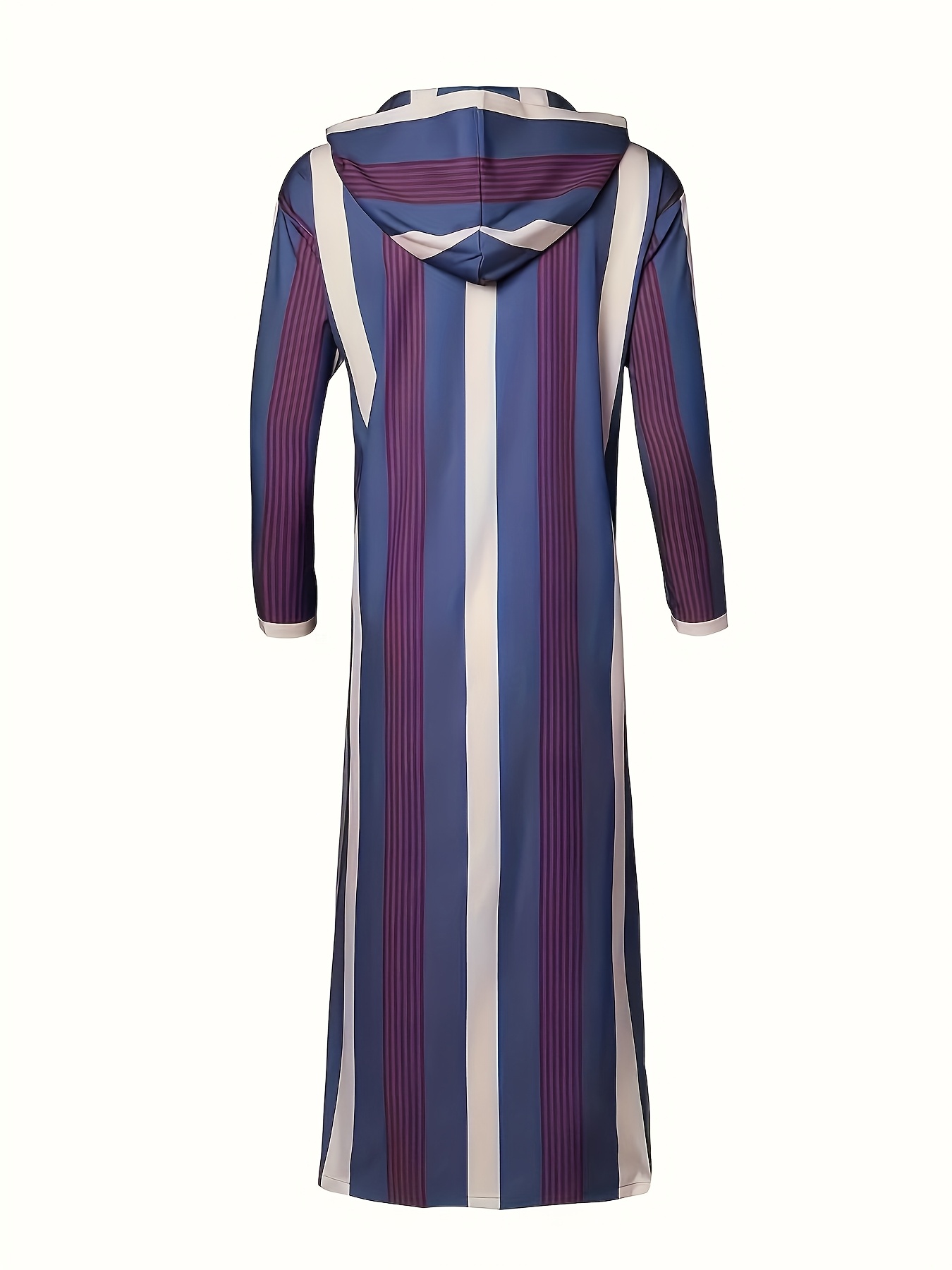 c270d72b-98c7-4a0d-85fe-563e45d4ef36.jpg Men's Arabic Kaftan Robe - Traditional Striped Hooded Long Sleeve with Purple & Beige Vertical Stripes, Loose Fit for Ramadan Eid al-Adha & Gulf Festival, Breathable Casual Muslim Holiday Attire, Muslim Dress, Cultural Attire, Lightweight Fabric, Cultural - Image 1