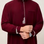 Men's Burgundy Islamic Robe | Polyester-Elastane Blend | Geometric Embroidered Design | Stand Collar | Faux Pocket Detail | Traditional Middle Eastern Cultural Attire | All-Season Wear, Allseason Robe | Traditional Islamic Dress | Quality Stitch, Muslim C - Image 10