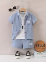Boys' Summer Casual Cotton Shorts Set, Alphabet Print, Lapel Collar, Short Sleeve, with Placket, for Boys, for Outdoor