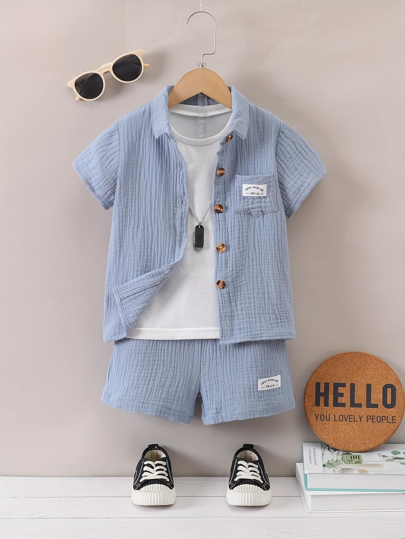 c54ab550-665a-47f2-97e3-6eaa38350934-1.jpg Boys' Summer Casual Cotton Shorts Set, Alphabet Print, Lapel Collar, Short Sleeve, with Placket, for Boys, for Outdoor - Image 1