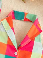 ⁦Vibrant Color Block Girls' Sleeveless Romper with Matching Sun Hat - Casual Summer Outfit, Halter Neck, Button-Up Design, Polyester Fabric, Perfect for Youngsters' Outdoor Play, Girls Clothes, Perfect for Outdoor⁩ - الصورة ⁦4⁩