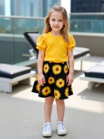 ⁦Girls' Sunflower Print Short Sleeve Top + Skirt Set, Summer Two-Piece Outfit for Everyday Wear/Vacation/Party, Suitable for Children Aged 3-10⁩ - الصورة ⁦9⁩