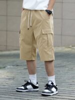 ⁦Men's Casual Cargo Shorts with Pockets - Loose Fit, Mid-Waist, Polyester, Street Style, Brown, Drawstring Waistband, Everyday & Leisure Wear⁩ - الصورة ⁦3⁩