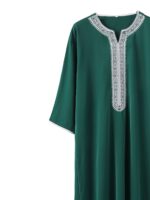 2024 New Men's Traditional Arabic Abaya Robe - Retro Style V-Neck Long Sleeve Green Muslim Prayer Dress, H-Type Fit for Daily Wear & Religious Ceremonies, Allseason Robe, Vneck Design, Intricate Embroidery, Solid Color Attire - Image 9
