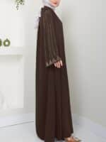 Muslim Fashion Women's Rhinestone Long Sleeve Loose Fit Elegant Brown Dress - Image 4