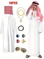 10pcs Adult Men'S Robe Bodysuit Arab Middle East Church Cosplay Costume Set, Men'S Hijab White Arab Costume Party Fashion Set, Suitable for Masquerade Stage Performances, Carnival Halloween Christmas, Various Event Theme Parties