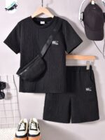 KIKOFENDY Boys' 3pcs Summer Outfit Set - Casual White Short Sleeve T-Shirt with Patched Letter Design, Beige Shorts & Fashionable Crossbody Bag, Perfect for Spring/Summer/Fall, for Outdoor - Image 5