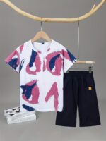 ⁦Boys' Summer Casual Sportswear Set - Breathable Cotton Blend T-Shirt & Shorts with Letter Print, Machine Washable, Perfect for Outdoor⁩ - الصورة ⁦6⁩
