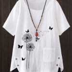 ⁦1pc Women'S Plus Size Casual Crew Neck Shirt with Floral Print and Button Detail, Woven Non-Stretch Fabric, All Season Short Sleeve Top⁩ - الصورة ⁦10⁩