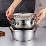 3pcs Stainless Steel Kitchen Set with One-Piece Grinder, Multi-Function Filter and Mixing Bowl - Perfect for Cleaning and Slicing Fruits, Vegetables, Cheeses | Food Safe with Drainage System, Ideal for Home Cooking, Kitchen Grinder - Image 3