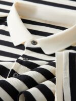 Men's Summer Striped Shirt - Casual Short Sleeve, Black & White Vertical Stripes, Button-Up Collar, Machine Washable, Comfort Fit for Business or Leisure, Versatile Menswear, Medium Elasticity Fabric - Image 9