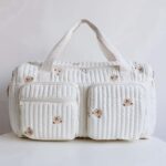 Large Capacity Diaper Bag for Parents - Multi-Compartment Travel Organizer with Zippered Main Compartment, Suitable for Youngsters' Essentials, Polyester Material, White with Cute Bear Emblem - Image 4