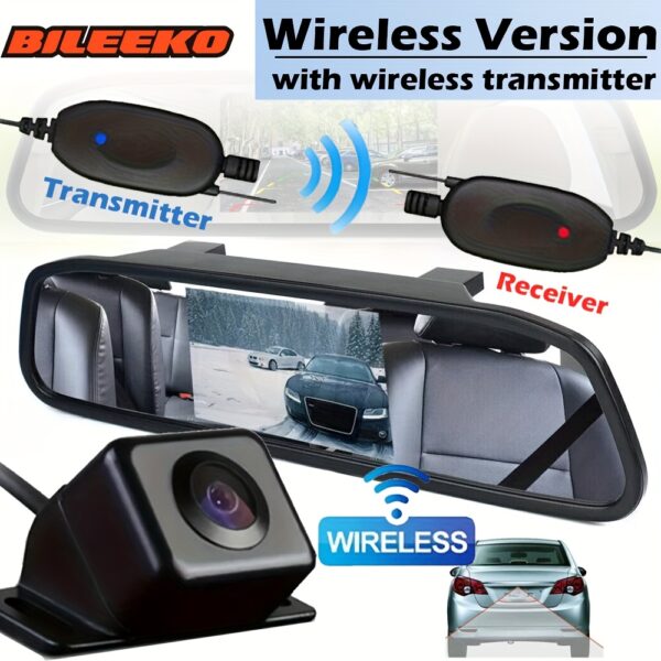 Bileeko 2-in-1 Car Interior Mirror & Rear View Backup Camera Kit with Optional Wireless Transmitter - Wireless Receiving, Real-Time Backup Camera System, Easy Installation, High-Resolution Camera, Car Safety Upgrade | Sleek Black Design | Wireless Transmi