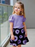 ⁦Girls' Sunflower Print Short Sleeve Top + Skirt Set, Summer Two-Piece Outfit for Everyday Wear/Vacation/Party, Suitable for Children Aged 3-10⁩ - الصورة ⁦8⁩