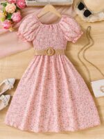 Charming Girls' Floral Summer Dress with Puff Sleeves and Belt - Lightweight Polyester, Machine Washable - Perfect for Beach Vacations - Image 5