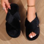 Women's Plush Cross-Strap Slip-On Slippers with Non-Slip EVA Sole - All-Season Indoor/Outdoor House Shoes for Home, Postpartum & Casual Wear (Pink/White/Black/Lavender), Ladies Slippers, Soft Plush Design, Fabric Upper And Insole - Image 2