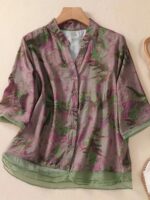 Women'S Casual Floral Print Blouse - Light Pink with Purple Floral Design, Long Sleeves, Button-Up, High Neck, Perfect for Spring/Summer, Casual Attire|Floral Print Top|Long Sleeve Shirt - Image 4
