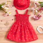 0-3 Years Old Two-piece Set for Girls, Summer Love Print Sleeveless Wrap Dress with Suspenders + Hat, Princess Dress in Two Colors to Choose from