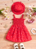 0-3 Years Old Two-piece Set for Girls, Summer Love Print Sleeveless Wrap Dress with Suspenders + Hat, Princess Dress in Two Colors to Choose from