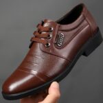 Men's Solid Color Top Grain Leather Upper Derby Shoes, Comfy Non Slip Rubber Sole Casual Durable Dress Shoes, Men's Footwear - Image 3