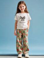 ⁦Summer Youthful Pant Set with Short Sleeves for Girls, New Fashionable Casual Two-Piece Outfit for Middle and Large Youngsters, Featuring a Floral Pattern, Short Sleeves, and Wide-Leg Pants, for Outdoor⁩ - الصورة ⁦3⁩