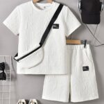 KIKOFENDY Boys' 3pcs Summer Outfit Set - Casual White Short Sleeve T-Shirt with Patched Letter Design, Beige Shorts & Fashionable Crossbody Bag, Perfect for Spring/Summer/Fall, for Outdoor