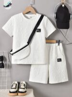 KIKOFENDY Boys' 3pcs Summer Outfit Set - Casual White Short Sleeve T-Shirt with Patched Letter Design, Beige Shorts & Fashionable Crossbody Bag, Perfect for Spring/Summer/Fall, for Outdoor