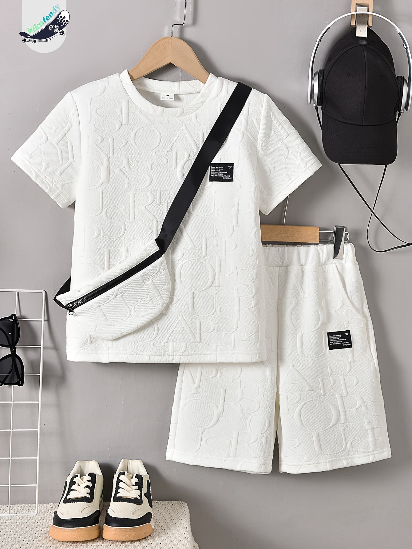 cdae25e4-27d1-47ed-a067-6e9fb134ce0f.jpg KIKOFENDY Boys' 3pcs Summer Outfit Set - Casual White Short Sleeve T-Shirt with Patched Letter Design, Beige Shorts & Fashionable Crossbody Bag, Perfect for Spring/Summer/Fall, for Outdoor - Image 1