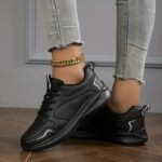 Women's Lightweight High Quality All-Season Low-Top Lace-Up Sneakers - Comfortable EVA Sole, Synthetic Cover Upper, Round Toe Design for Casual & Sporty Style - Black, Everyday Comfort Shoes | Sleek Sneaker Design | Durable Footwear - Image 3