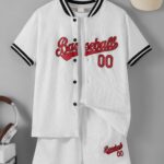 Boys' Baseball Jersey And Shorts Set - White with Red & Black Stripes, "BASEBALL 0.0cm Print, Comfortable Summer Casual Outfit for Casual Attire, Baseball Jersey, for Outdoor Wear