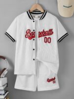 Boys' Baseball Jersey And Shorts Set - White with Red & Black Stripes, "BASEBALL 0.0cm Print, Comfortable Summer Casual Outfit for Casual Attire, Baseball Jersey, for Outdoor Wear
