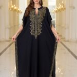 EDOLYNSA V-Neck Black Vine Embroidery Ethnic Style Short-Sleeved Slit Long Beach Dress Fashion Middle East Outdoor Loose Casual Outerwear Sunscreen Large Size Blouse Kaftan Q1758
