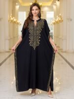 EDOLYNSA V-Neck Black Vine Embroidery Ethnic Style Short-Sleeved Slit Long Beach Dress Fashion Middle East Outdoor Loose Casual Outerwear Sunscreen Large Size Blouse Kaftan Q1758