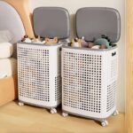 Rolling Laundry Basket with Wheels - Ventilated Plastic Hamper with Lid, Ideal for Clothes, Towels, and Toys - Portable Storage Solution for Dorms, Bedrooms, and Bathrooms, Laundry Room Accessories, Can Be Used in 4 Scenes