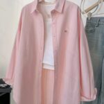 Women'S Pink Floral Embroidered Blouse - Casual Long Sleeve Shirt with Lapel Collar, Perfect for Spring and Summer, Casual Attire|Floral Embroidery|Casual Styl