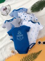 ⁦5pcs Baby's Marine Style Cotton Bodysuit, Casual Short Sleeve Romper, Toddler & Infant Boy's Outdoor Clothing⁩ - الصورة ⁦4⁩