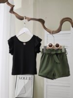 2pcs Trendy Girls Solid Flutter Trim T-Shirt Top + Shorts With Bow Belt Set For Summer Outdoor Outfit - Image 9