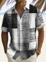 Men's Casual Short Sleeve Shirt With Retro Geometric Pattern, Summer Hawaiian Vacation Top, Button Up Collar, Leisure Style
