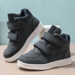 ⁦Boys Mid-Top Fashion Sneakers Sports Casual Shoes with Hook and Loop Fastener Closure, Solid Color, All-Season Comfort, Training and Daily Wear, Splicing Design with Sewing Thread - PU & Fabric Upper, Fabric Lining, TPR Sole⁩ - الصورة ⁦4⁩