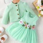 ⁦Girls' Casual Floral Dress with Long Sleeve Jacket Skirt Set⁩ - الصورة ⁦16⁩