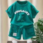 2pcs Set of Small Boy Casual Letter Pattern Dinosaur Short Sleeved T-Shirt And Shorts, Comfortable Summer Clothing for Boys, Suitable for Beach Vacation And Outdoor Activities in The Summe, for Outdoor - Image 6