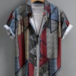 Men's Lightweight Summer Short Sleeve Casual Shirt - Geometric Print, Button-Up, Loose Fit, Polyester Blend, Machine Washable, Multicolor