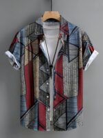 Men's Lightweight Summer Short Sleeve Casual Shirt - Geometric Print, Button-Up, Loose Fit, Polyester Blend, Machine Washable, Multicolor