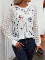 ⁦Gavin Direction Women's Elegant Floral Print Contrast Lace Long Sleeve T-Shirt - Round Neck, Medium Stretch, Machine Washable, Spring Summer Fall Casual Top, Lace Long Sleeve Blouse, Seasonal Fashion, Round Neck Tee, Stretch Fabric⁩ - الصورة ⁦5⁩