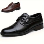Men's Solid Color Top Grain Leather Upper Derby Shoes, Comfy Non Slip Rubber Sole Casual Durable Dress Shoes, Men's Footwear - Image 2