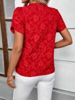Women'S Elegant Red Floral Print V-Neck Short Sleeve Blouse - Casual Summer Top with Ruffled Details, Perfect for Weekends and Casual Events, Casual Wear Blouse | Floral Print Top | Embroidered Details, Ladies Blouses - Image 2