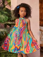 Boho Summer Loose Fit Non-Stretch Woven Pleated Tie Dye Halter Dress, Polyester, for Youth - Image 4